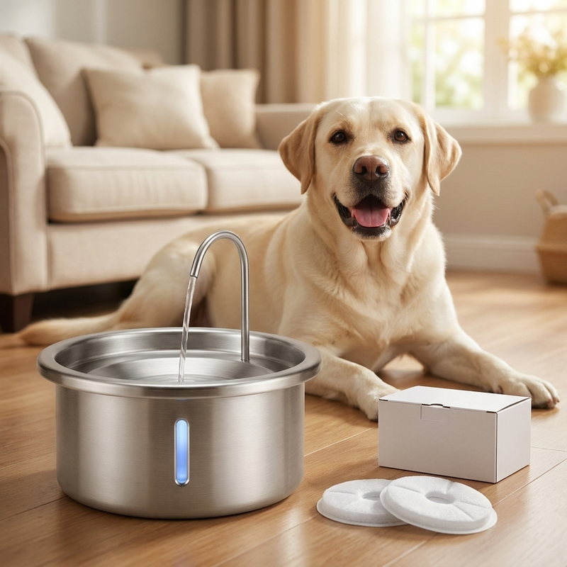 Labrador beside the Wireless Steadypet Fountain