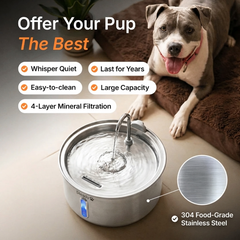 Whisper quiet, lasts for years, easy to clean, large capacity, 4-layer mineral filtration, 304 food-grade stainless steel
