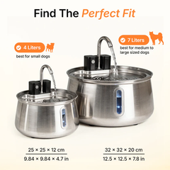 Find the perfect fit: 4 liters for small dogs, 7 liters for medium to large dogs