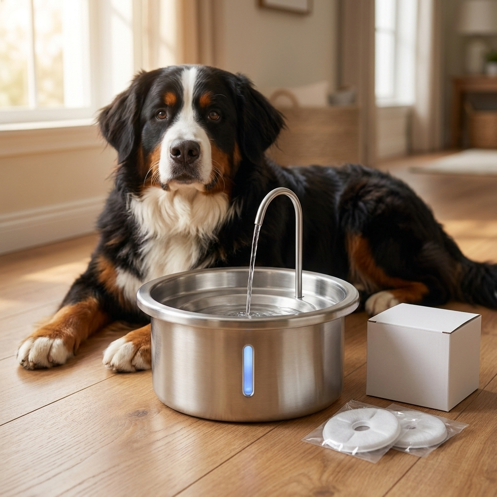 Steadypet Fountain with a Bernese mountain dog