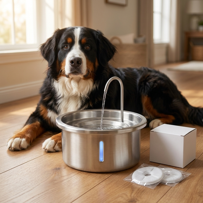 Steadypet Fountain with a Bernese mountain dog