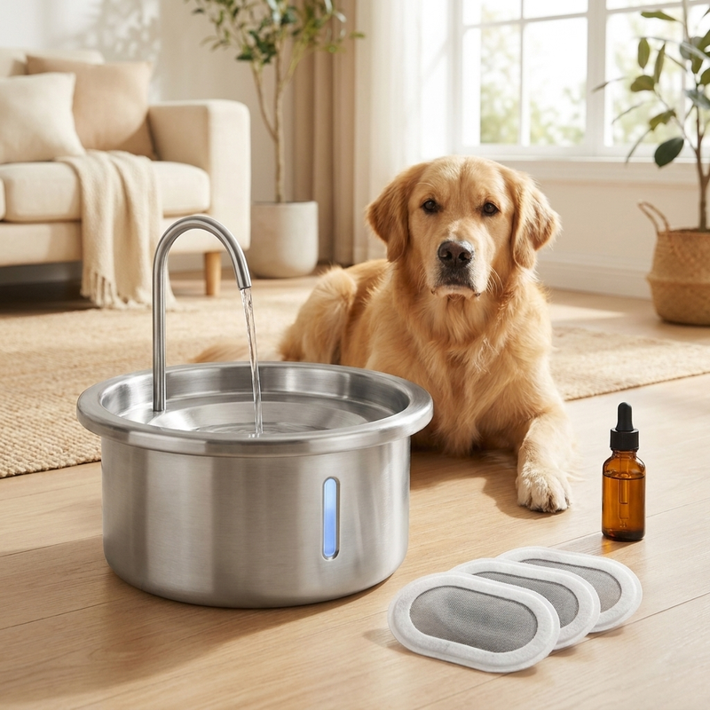Golden retriever beside the Steadypet Fountain with free filters and Dental Boost