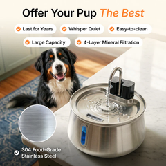 Lasts for years, whisper quiet, easy to clean, large capacity, 4-layer mineral filtration, 304 food-grade stainless steel